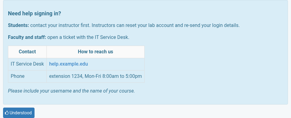 Login recovery message as displayed to a user who cannot sign in